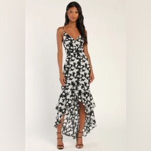Lulu’s! Darling Daylily White and Black Floral Print High-Low Maxi Dress